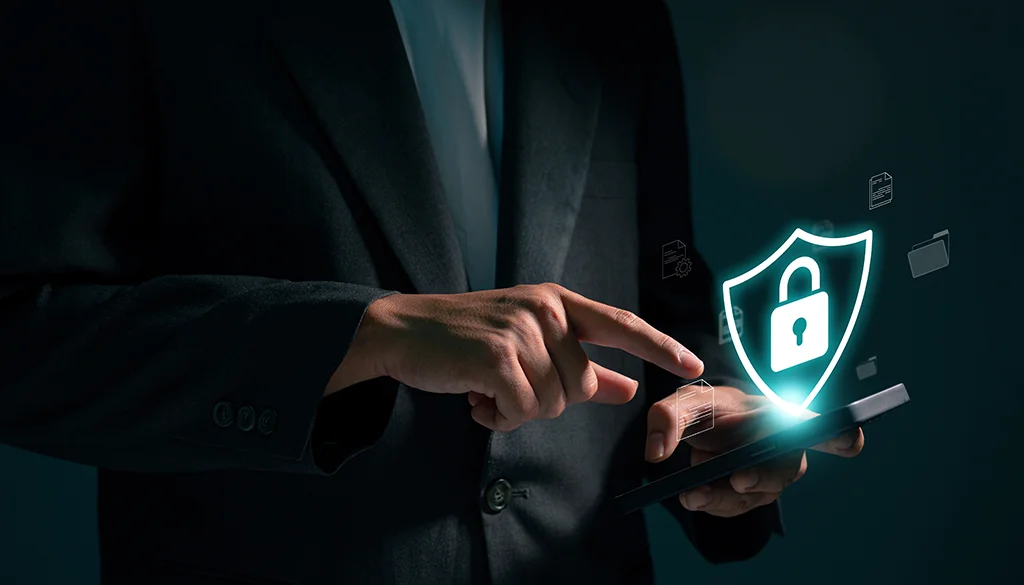 Man holding a phone with access to a secure financial system