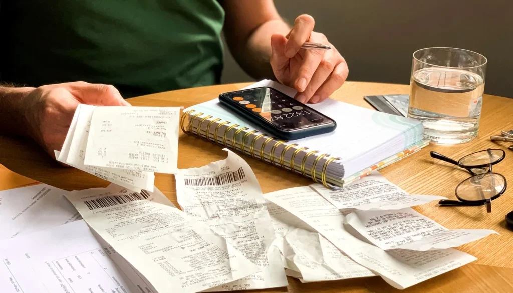 Man making audit of household expenses using calculator and notebook