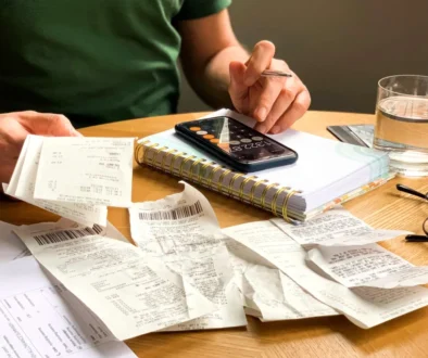 Man making audit of household expenses using calculator and notebook