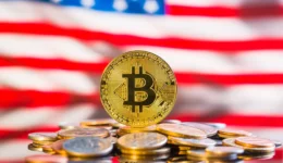 Cryptocurrency in front of usa flag.