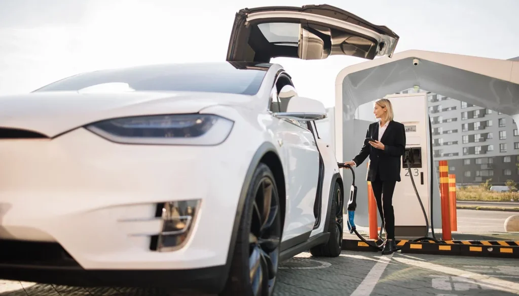 Woman using smartphone and charging car outdoors