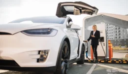 Woman using smartphone and charging car outdoors