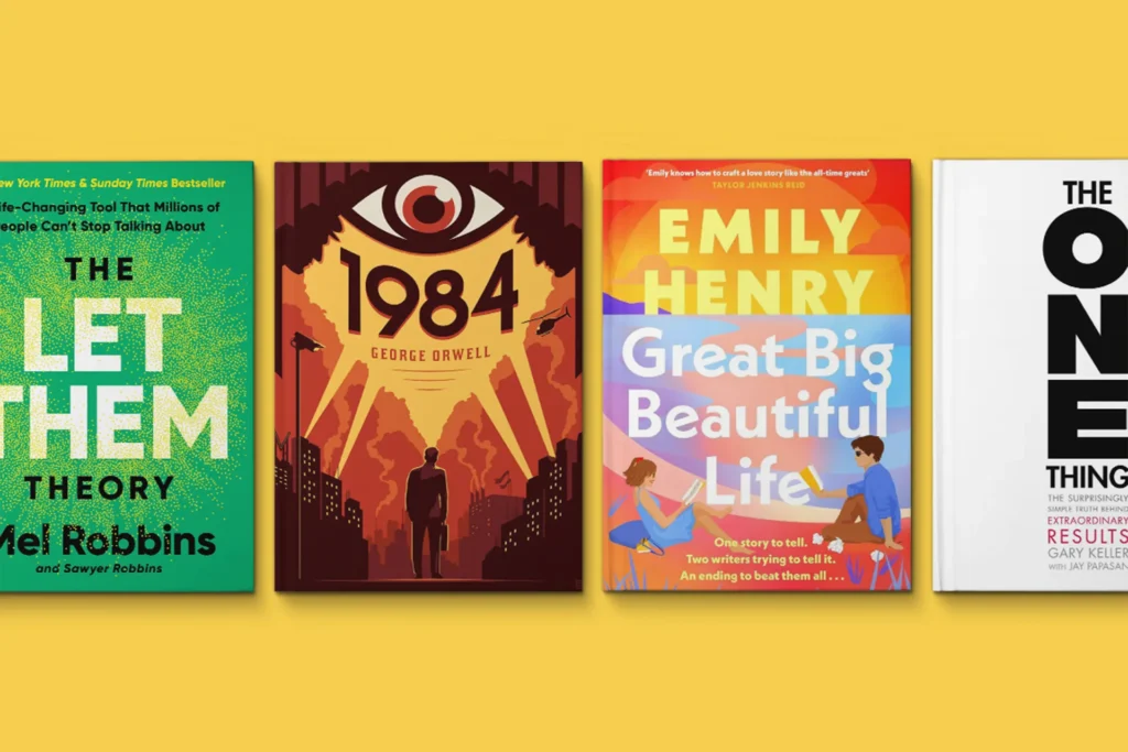 Four book covers displayed side by side on a yellow background, including 1984 and Great Big Beautiful Life.