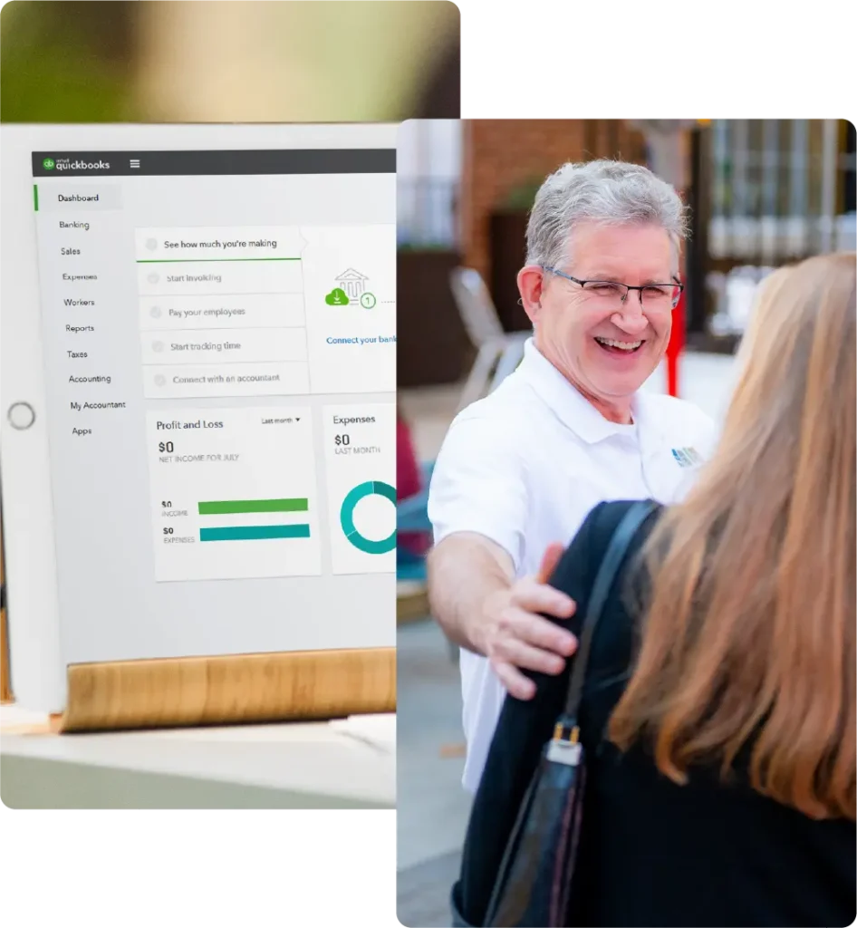 QuickBooks accounting dashboard alongside an SDA CPA team member greeting a woman at an outdoor event.