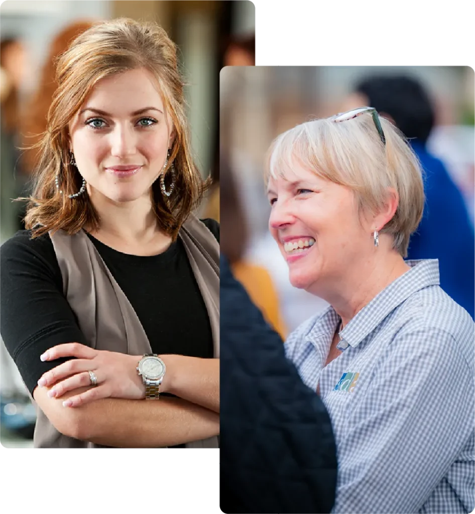 Two women at a professional networking event, one facing the camera and the other smiling in conversation.